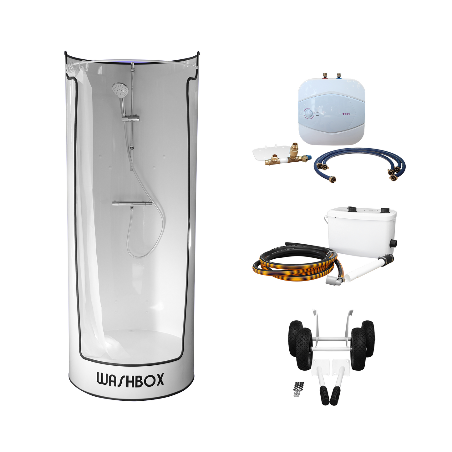 Washbox TOP mit 15 Liter Boilerset, Abwasserhebeanlage und Transportset